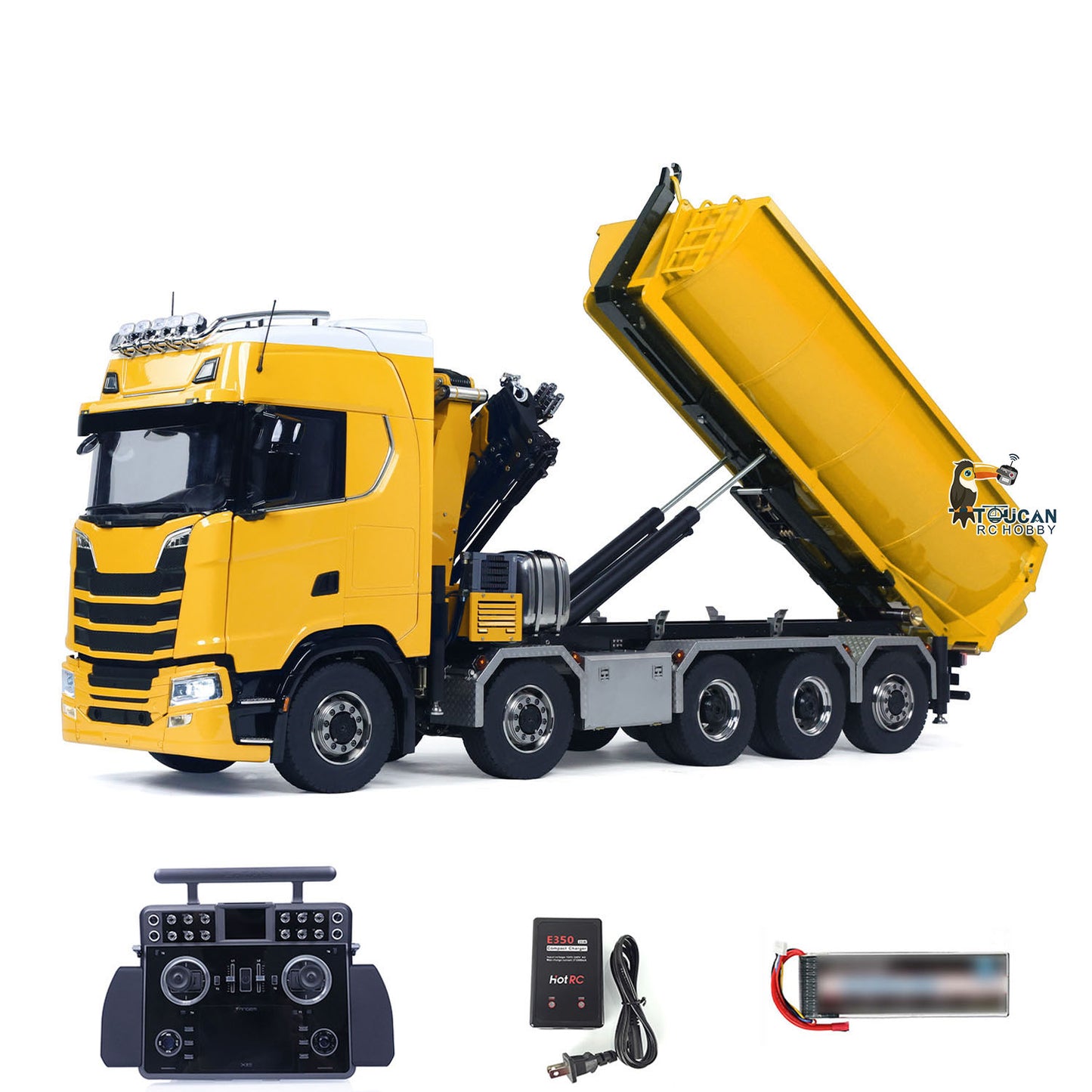 1/14 10x10 Remote Control Hydraulic Crane Dump Truck Metal Chassis Rail RC Full Tipper 770S Differential Lock Rear Steering Axle