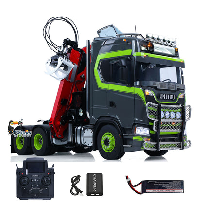 Toucan 1/14 6x6 RC Metal Tractor Truck 3-axle Hydraulic Crane Logging Trailer Light Sound Smoke System Customized Lorry Vehicle for Model Collector