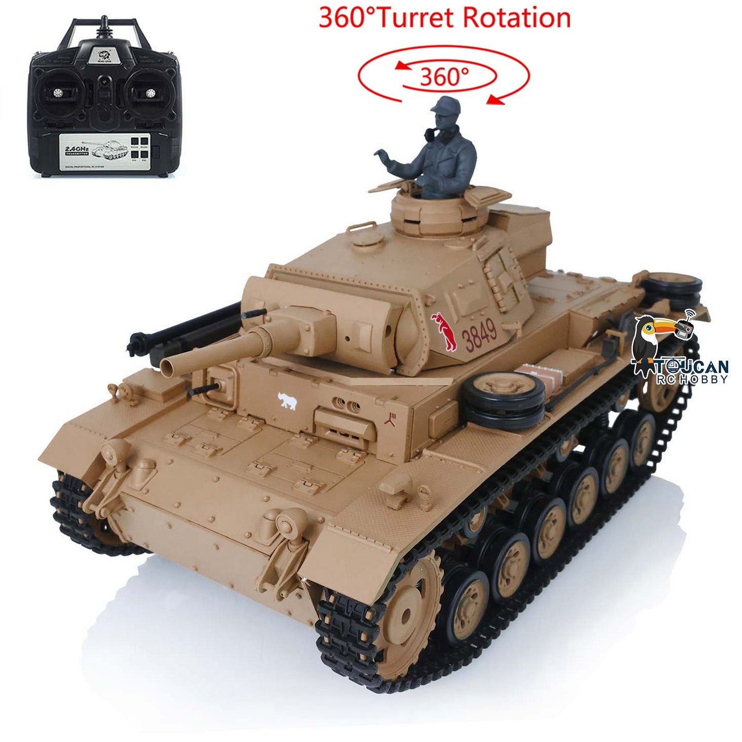 TOUCAN RC HOBBY Henglong Plastic 1/16 TK7.0 German Panzer III H L RTR RC Tank 3848/3849 360 Degrees Turret Smoke Infrared System BB Unit Sounds Lights Metal Barrel