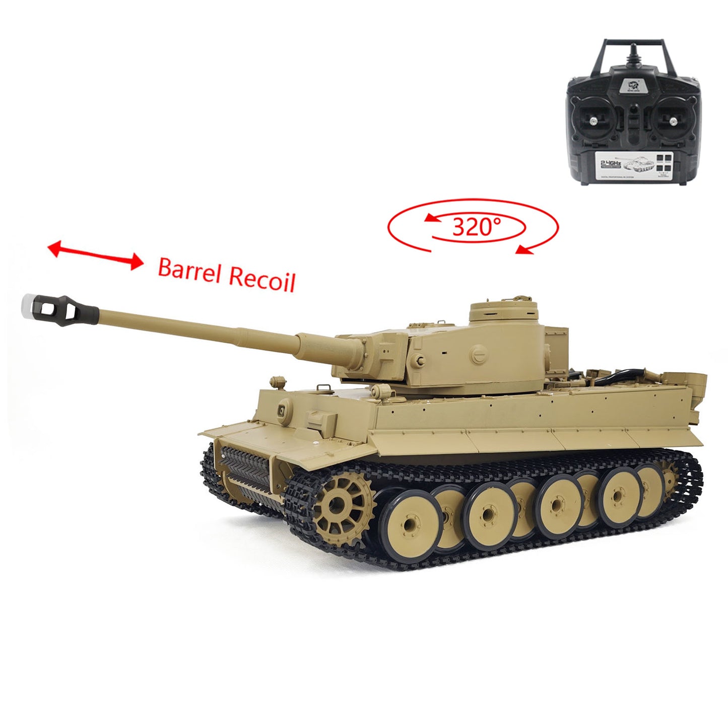 2.4Ghz Henglong 1/16 7.0 Plastic German Tiger I RTR RC Tank 3818 BB IR Barrel Recoil Steel Gearbox 320 Degree Rotating Turret