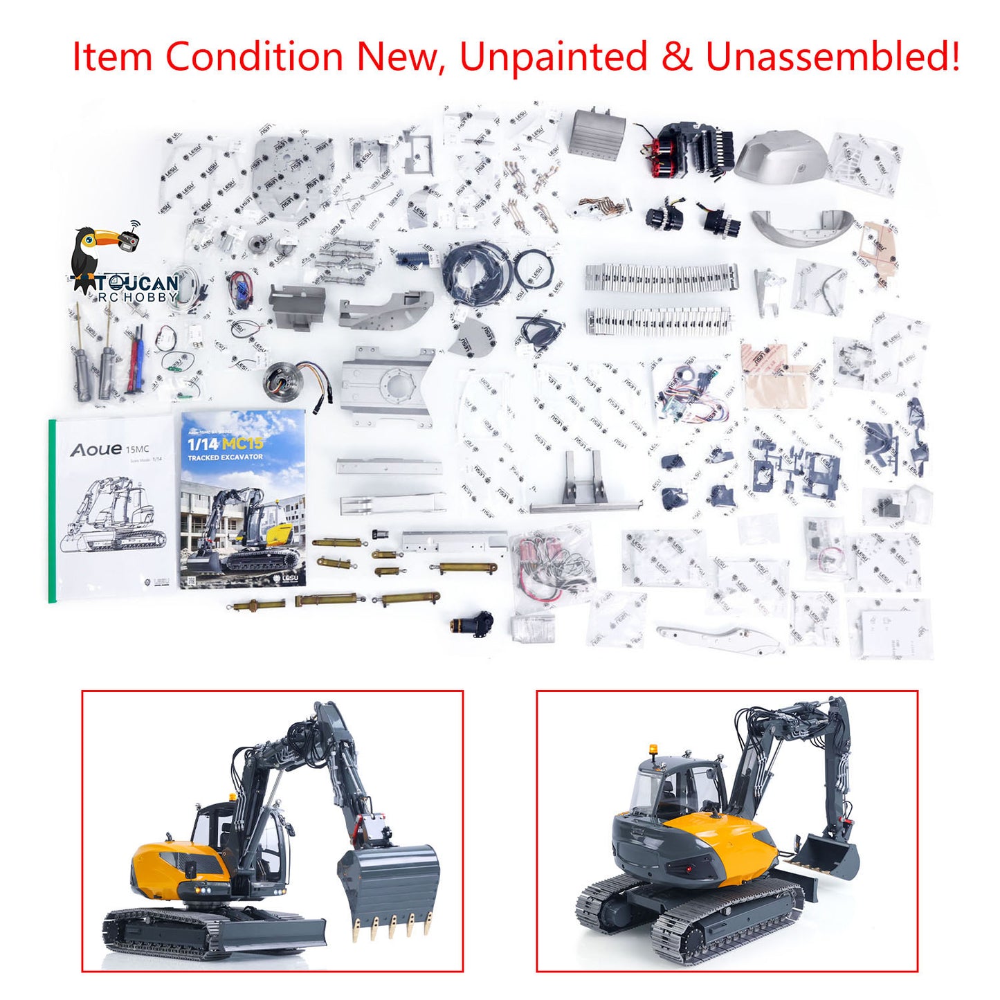 In Stock LESU MC15 4 Arms Metal 1/14 Hydraulic Remote Control Excavator KIT Model RC Digger Dual Pumps 9 Ways Valve Light Sound Motor
