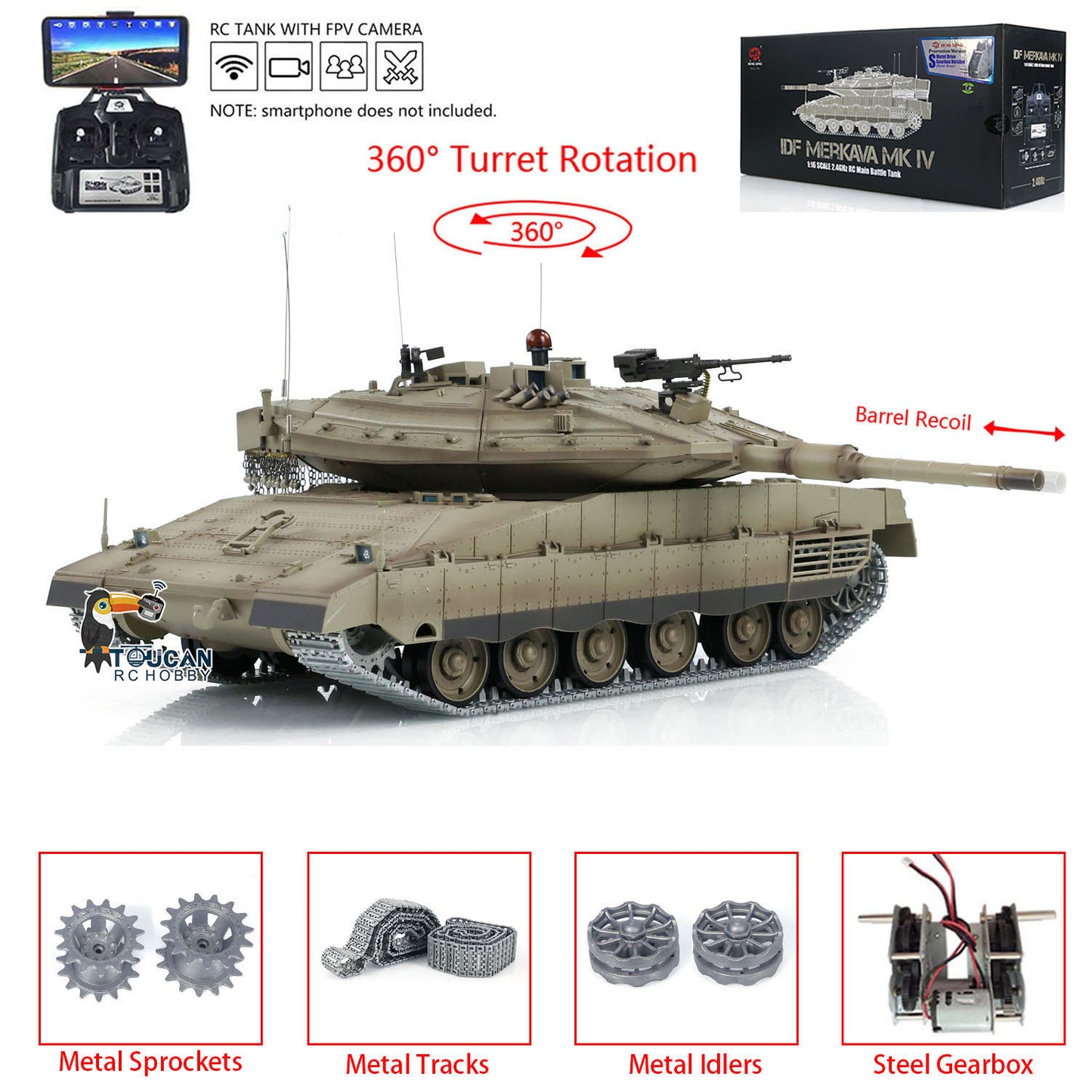 1:16 Heng Long 3958 RC Main Battle Tank IDF Merkava MK IV FPV Upgrade Edition W/ Metal Tracks 360 Rotating Barrel Recoil