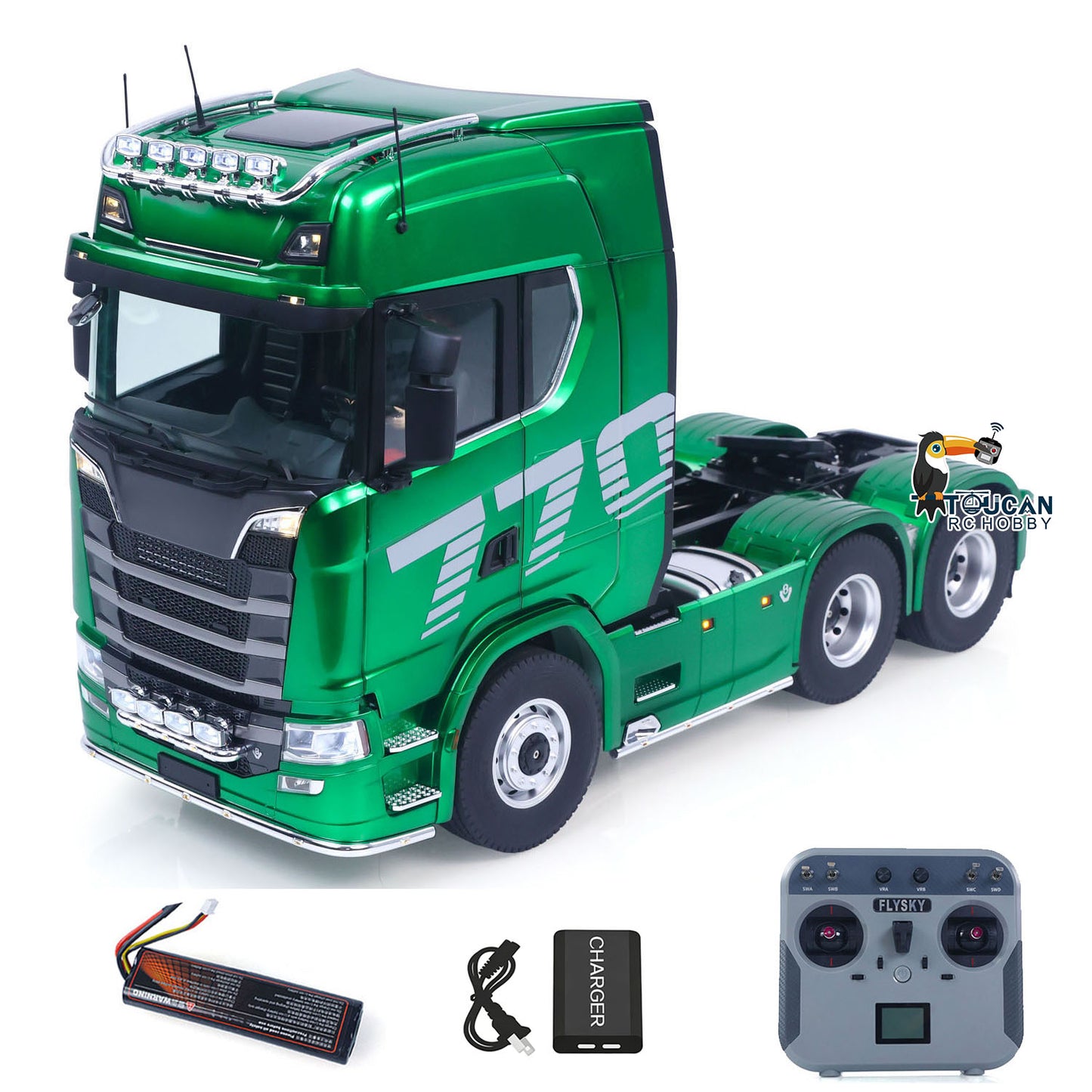 KABOLITE 770S-100 Metal 1/14 RC Tractor Truck RTR 2-Speed Transmission 6x6 Differential Lock Light & Sound System Cab Suspension Electric Windshield Wipers for Trailer Towing