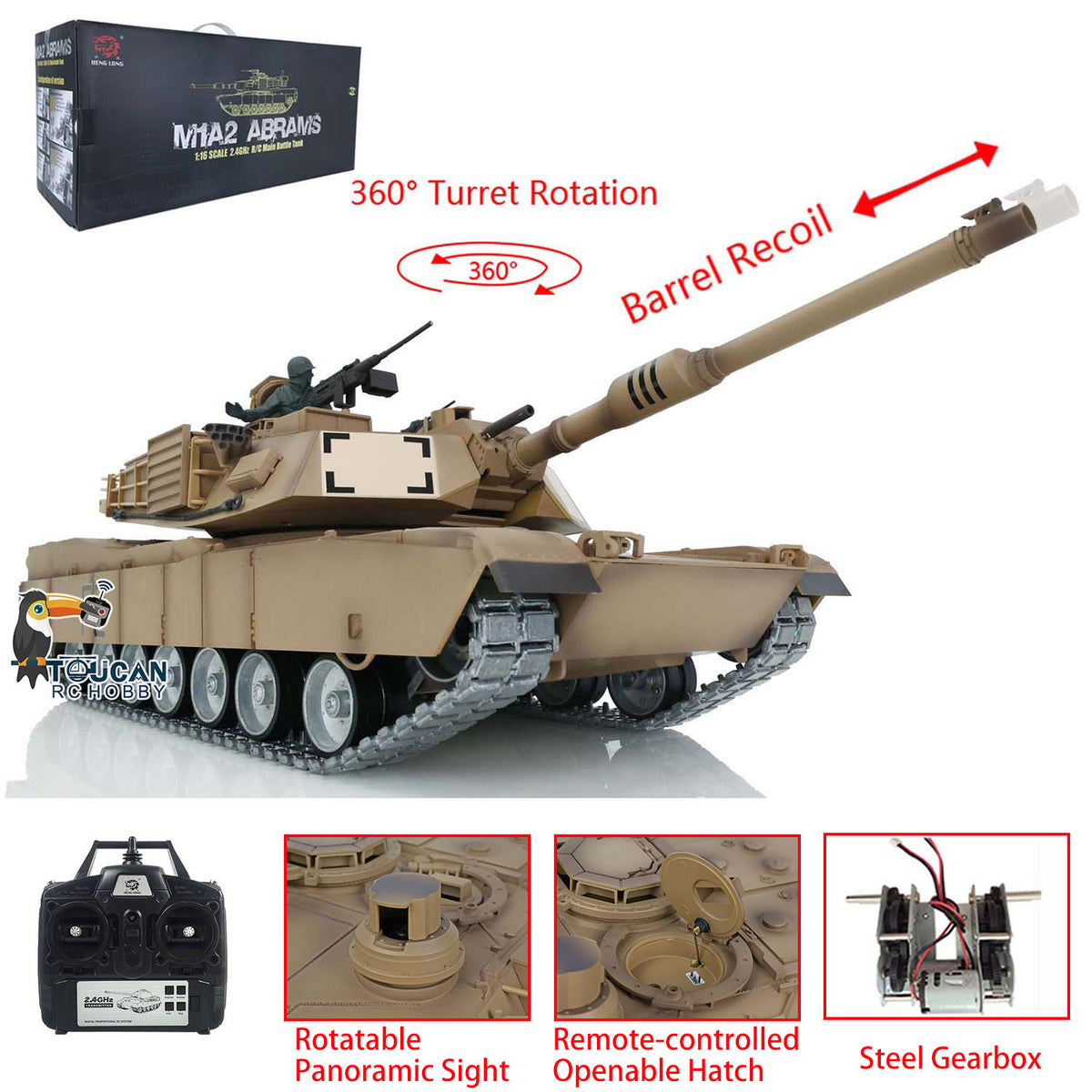 TOUCAN RC HOBBY Heng Long Abrams RC-Panzer 1/16 7.1 3918 ferngesteuertes Kettenfahrzeug mit zu öffnender Luke