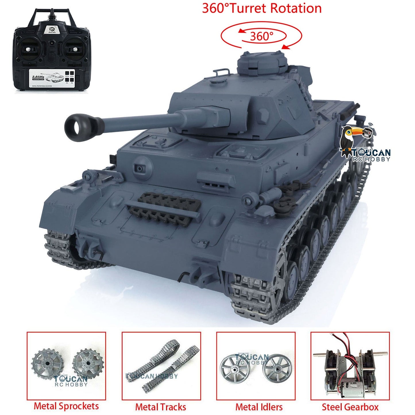 TOUCAN RC HOBBY Henglong 1/16 TK7.0 Promotion German Panzer IV F2 3859 RTR RC Tank 360 Degrees Turret Smoke Infrared Combat BB Metal Barrel Tracks Sprockets Idlers Wheels
