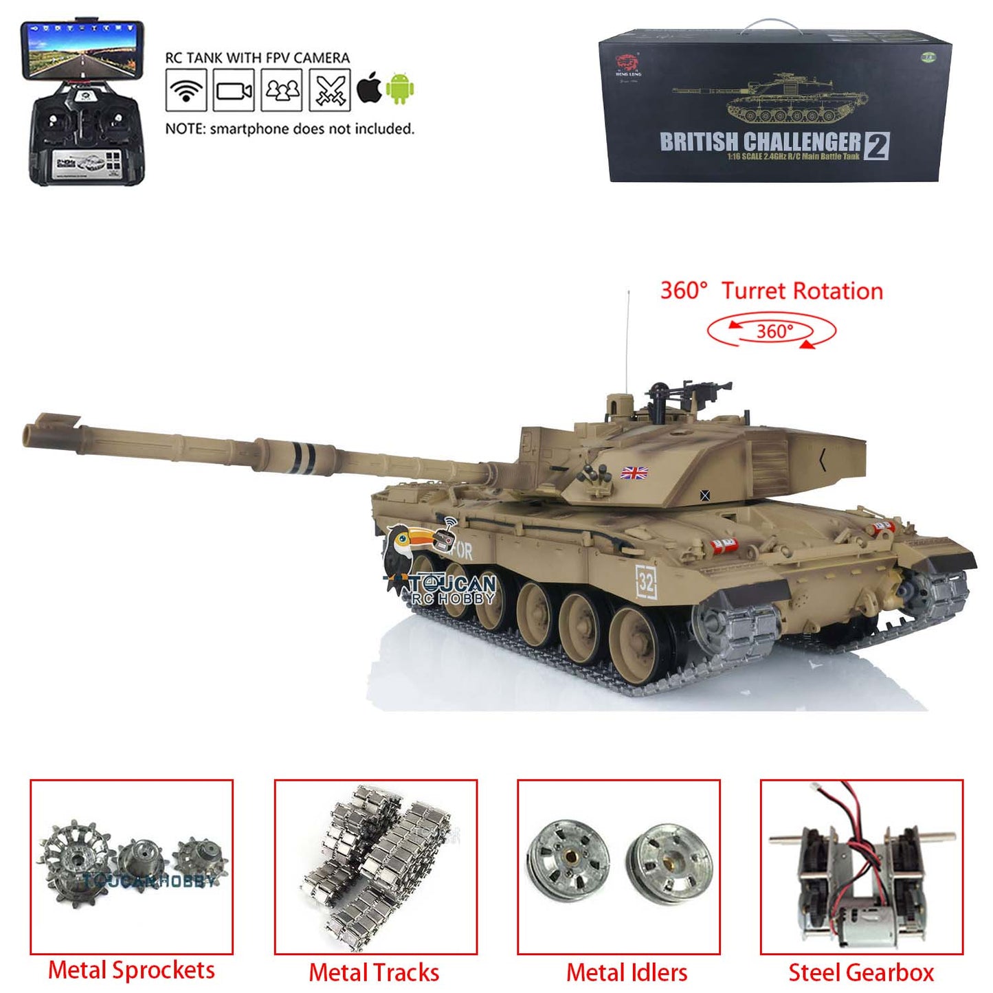 TOUCAN RC HOBBY Henglong 1/16 TK7.0 Promotion British Challenger II 3908 RTR RC Tank 360 Degrees Turret BB IR Smoke Sound Light Metal Sprockets Idlers Wheels