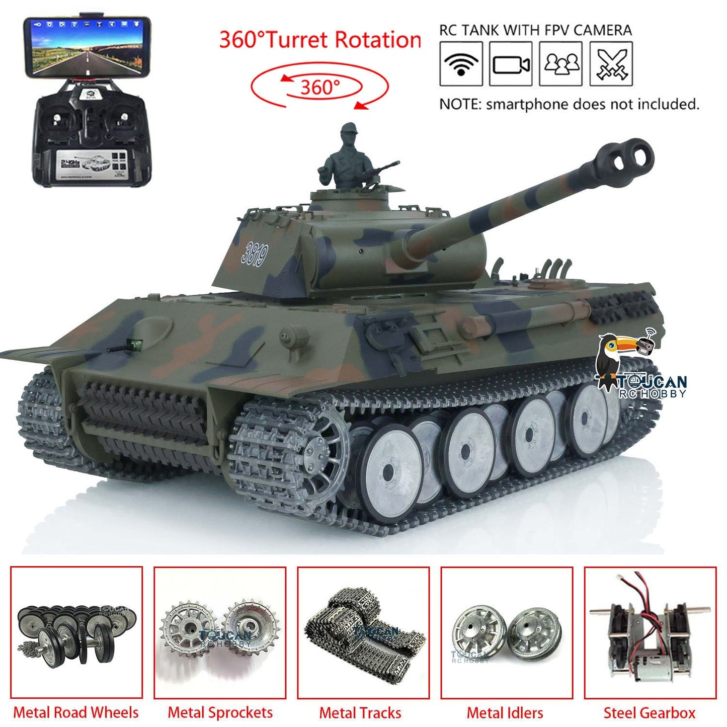 TOUCAN RC HOBBY Henglong 1/16 TK7.0 German Panther RTR RC Tank 3819 FPV 360 Degrees Turret BB IR Smoke Metal Barrel Tracks Sprockets Idlers Road Wheels