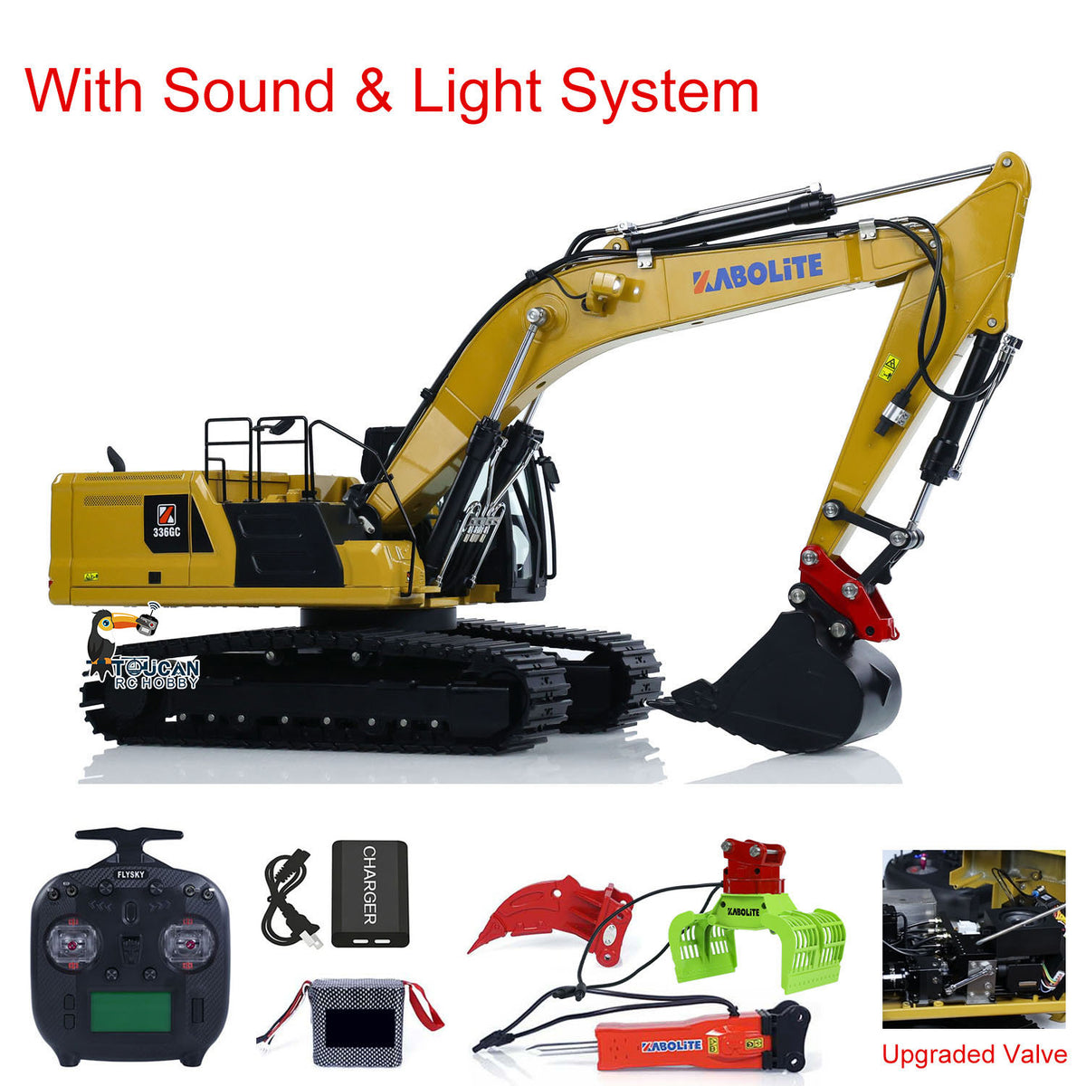 TOUCAN RC HOBBY Kabolite K961 100S Pro 1/18 Metal RC Hydraulic Excavator RTR ST8 Controller Quick-Release Coupler Breaker Hammer Claw Ripper Light Sound for Construction Model Collectors