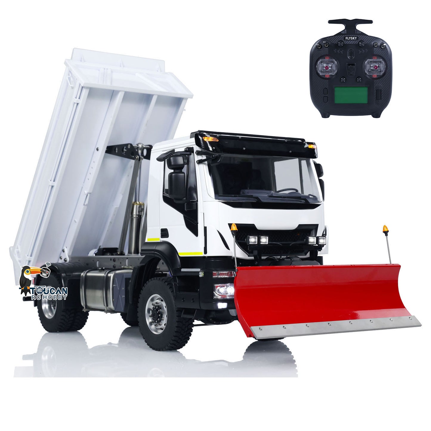 MODO 1/14 Metal 4x4 RC Hydraulic Dump Truck PNP Tipper Vehicle FlySky ST8 Controller Light Sound System Optional Spotlight Snow Blade for Construction Model Collectors
