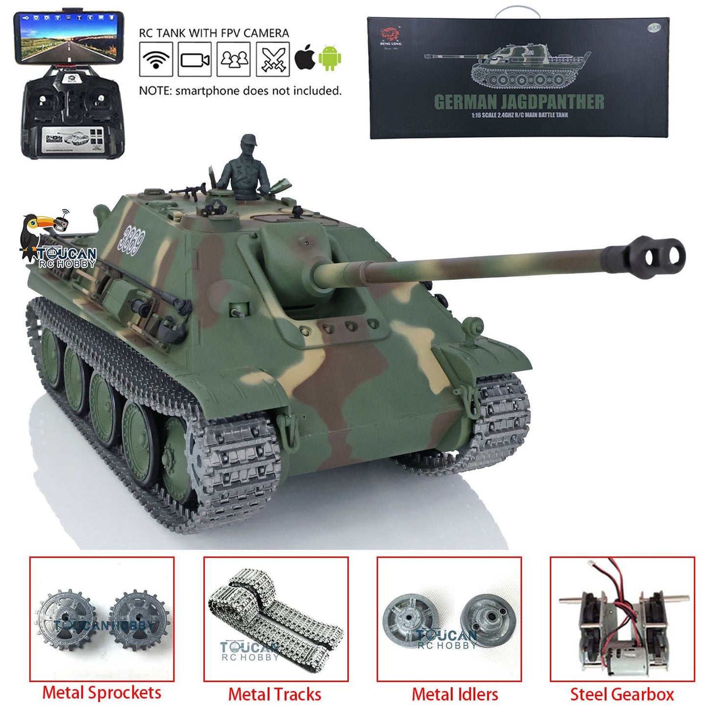 TOUCAN RC HOBBY Henglong 1/16 TK7.0 Promotion German Jadpanther 3869 RTR RC Tank FPV Infrared Combat Smoke BB Unit Metal Sprockets Idlers Wheels Tracks Steel Gearbox