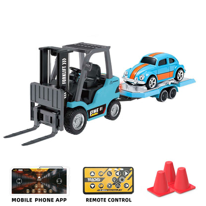 1/64 2.4GHz Remote Control Forklift Half Alloy RC Vehicle Light Sound Effect W/ Mini Trailer Car Tabletop Model Collection
