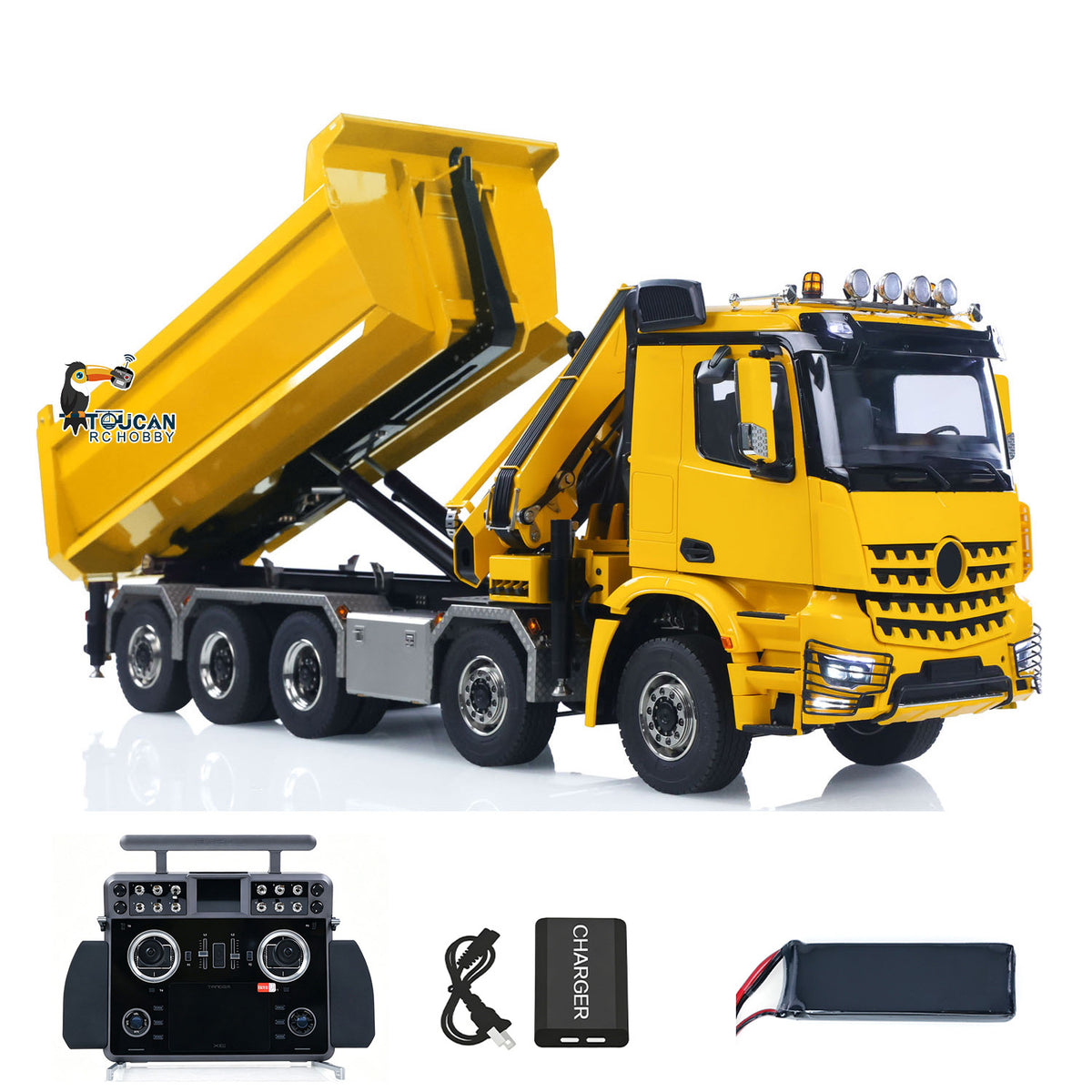 TOUCAN RC HOBBY LXY 1:14 10*10 RC Hydraulic Crane Full Dump Metal Lorry Rear Axle Steering with U-shaped Short High Standard Bucket Timber Flatbed