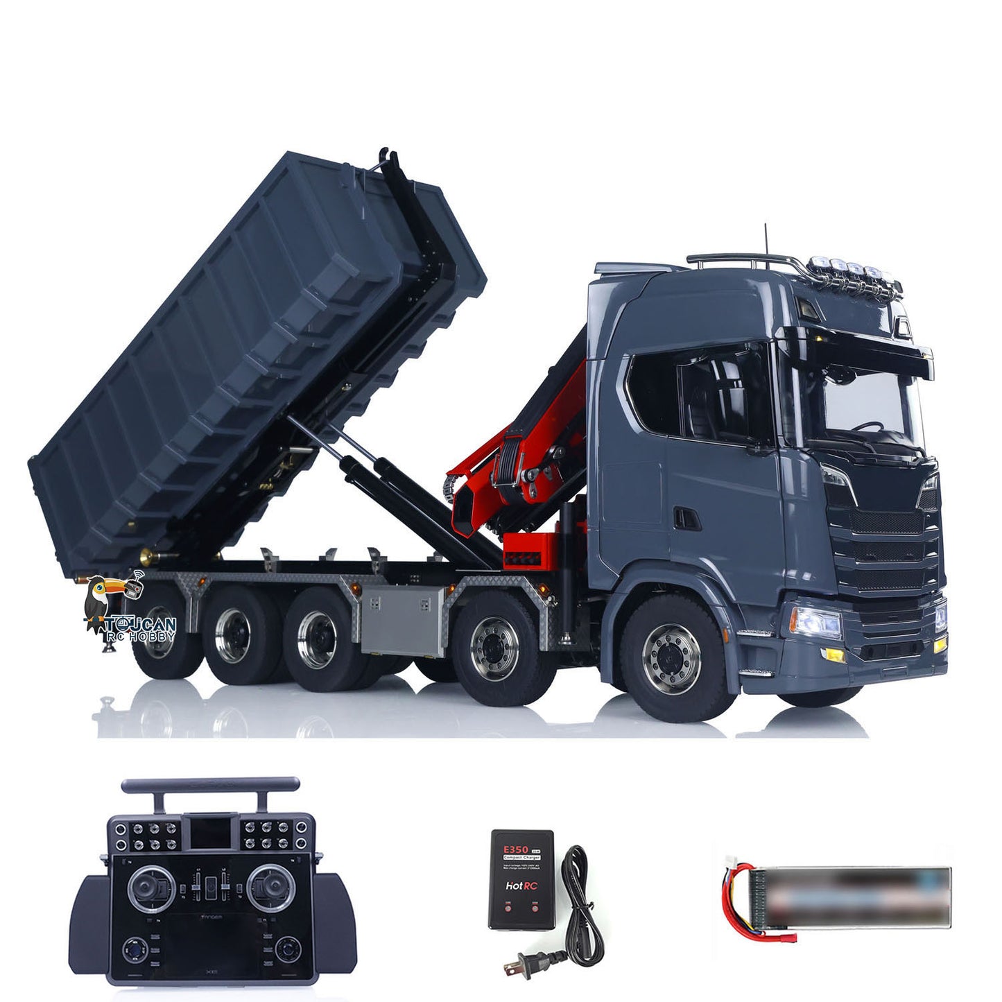 Toucanhobby 770S 1:14 5 Axles 10x10 Metal Chassis RC Hydraulic Dump Truck Remote Control Crane Full Roll Off Dumper Frsky XE Lite RC Vehicle Model