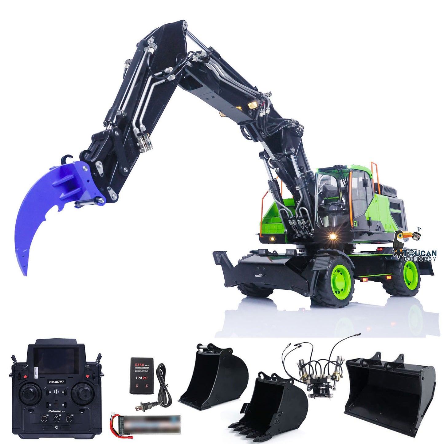 TOUCAN RC HOBBY MTModel EC380 Metal 1/14 3 Arms RC Hydraulic Excavator Tiltable Bucket 8-way Reversing Valve FlySky PL18EV Radio Controller Sound System for Adult