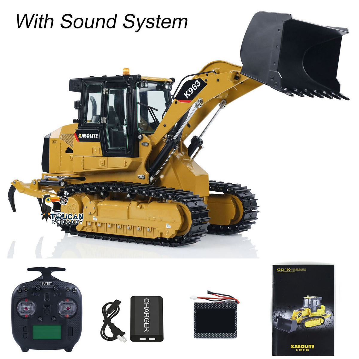 TOUCAN RC HOBBY Kabolite K963-100 1/16 Metal RC Hydraulic Loader RTR Dual Motor Drive FlySky ST8 Controller Light & Sound System Battery Liftable Rear Plow for RC Model Enthusiast Outdoor