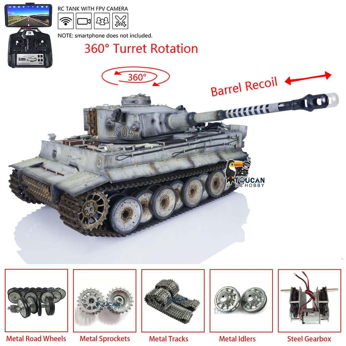 TOUCAN RC HOBBY Henglong 1/16 TK7.0 3818 Tiger I RTR RC Tank FPV 360 Degrees Turret Barrel Recoil Smoke Metal Tracks Sprockets Idlers Road Wheels Hand Spray Painting Color