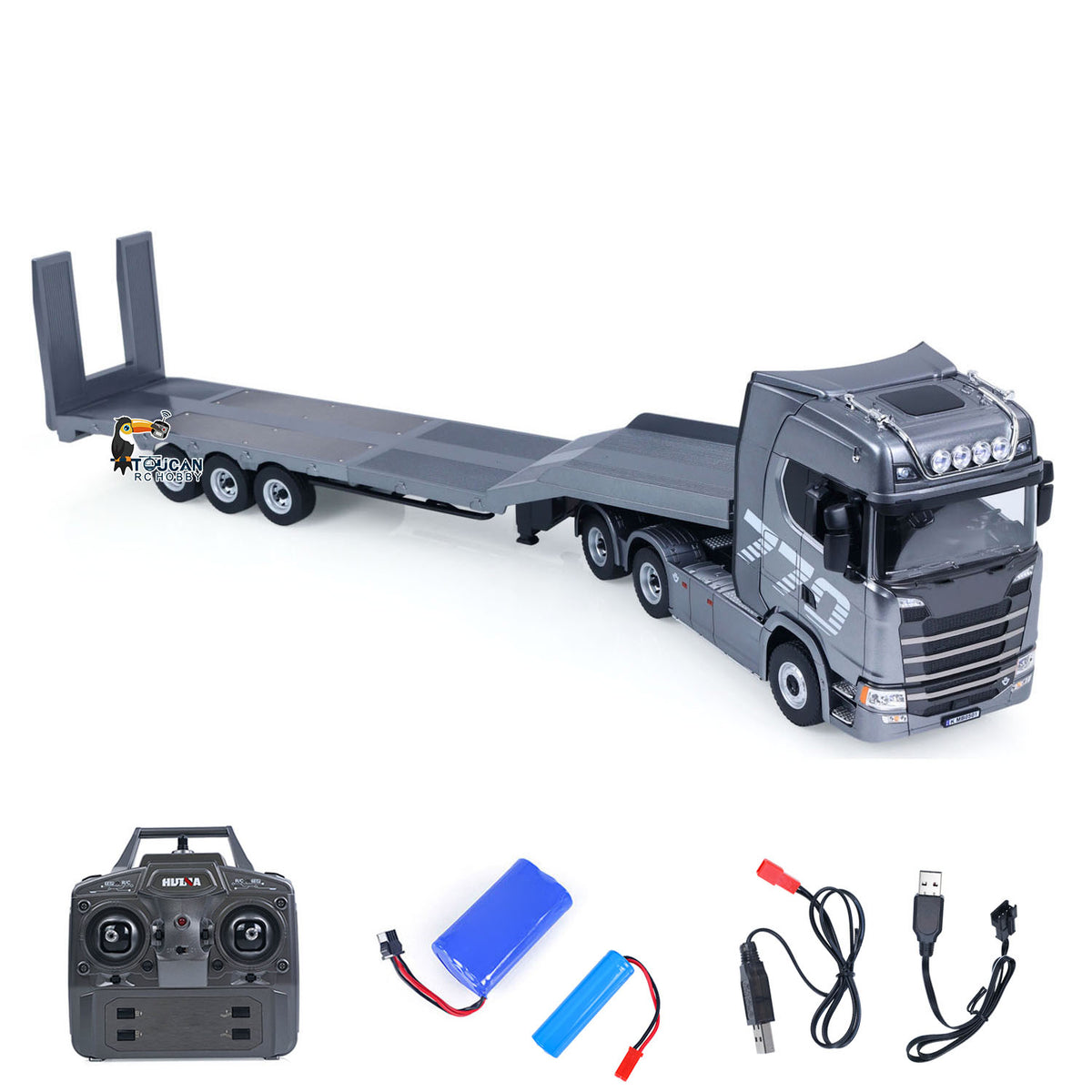 TOUCAN RC HOBBY HUINA 770S 1/18 Remote Control Tractor Truck Electric Support Legs Tail Board 3Axle Plastic Semi Flatbed Trailer RTR Light System