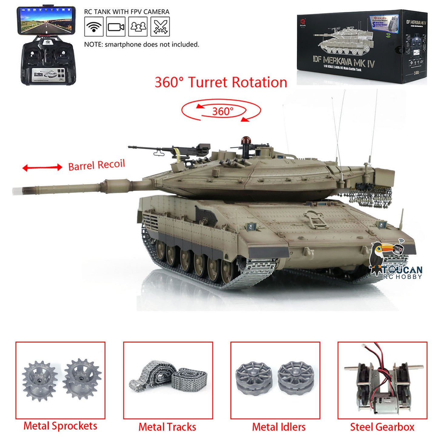 1:16 Heng Long 3958 RC Main Battle Tank IDF Merkava MK IV FPV Upgrade Edition W/ Metal Tracks 360 Rotating Barrel Recoil