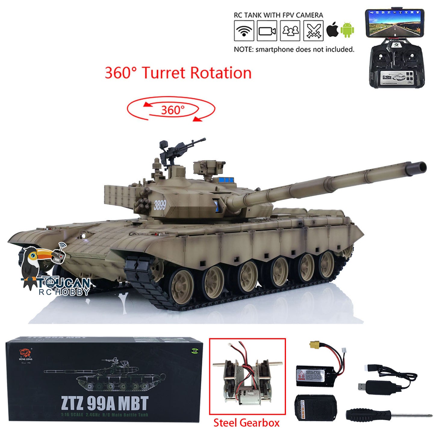 2.4G Henglong 1/16 7.0 99A RTR RC Tank Remote Controlled Panzer 3899A W/ 360 Turret Metal Tracks Gifts for Adults Children