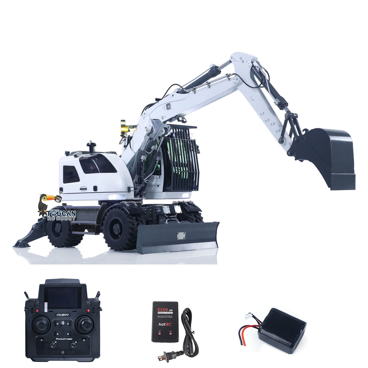 CUTModel LR914 1/14 Metal RC Hydraulic Wheel Excavator RTR 3 Arms 8-Way Valve Digger PL18EV Lite Controller Manual Quick Coupler Light & Sound System Cabin Guard Rail Tail hook for Model Collectors