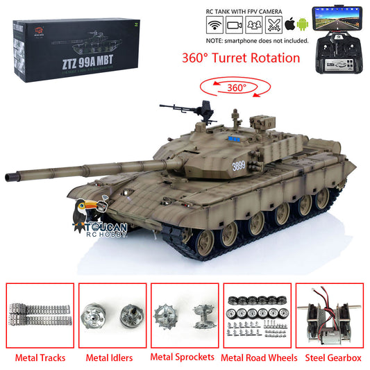 Henglong 1/16 7.0 99A FPV RC Panzer Remote Controlled Tank 3899A 360 Turret Metal Tracks Wheels Hobby Model Gift Toy