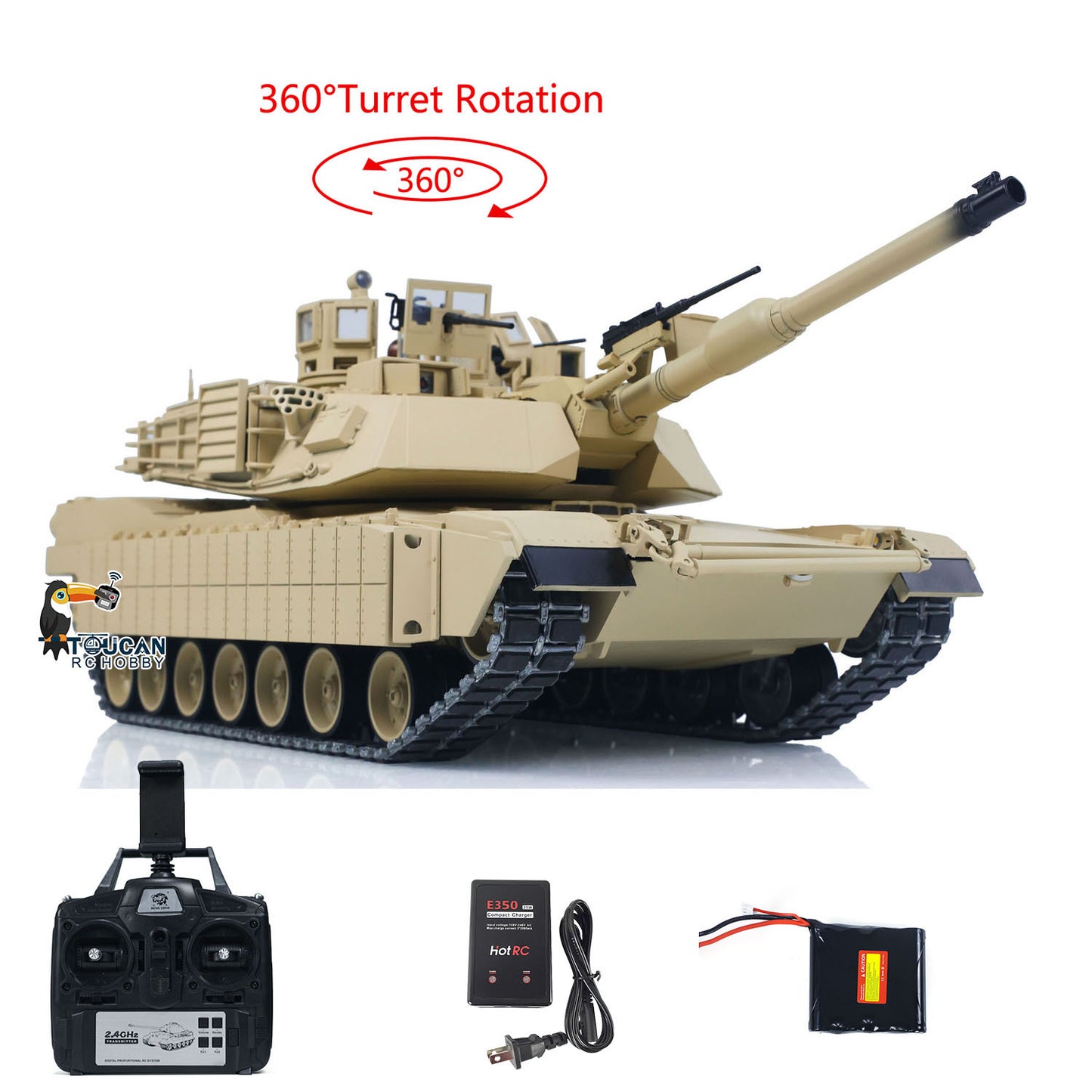 TOUCAN 1/16 Metal RC Tank M1A2 Abrams IR Dual Current Driving Gearbox Barrel Recoil Elevation 360 Turret Rotation Smoke RTR