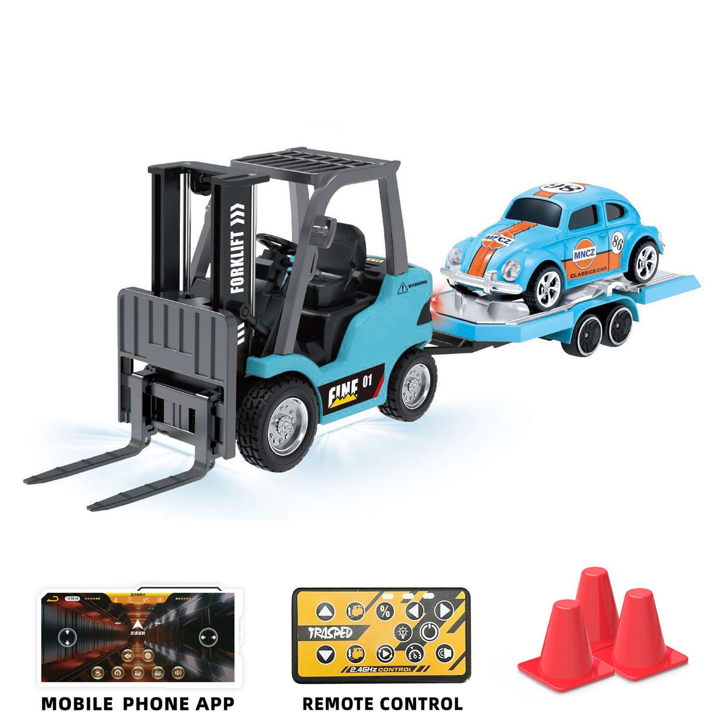 1/64 2.4GHz Remote Control Forklift Half Alloy RC Vehicle Light Sound Effect W/ Mini Trailer Car Tabletop Model Collection Gift