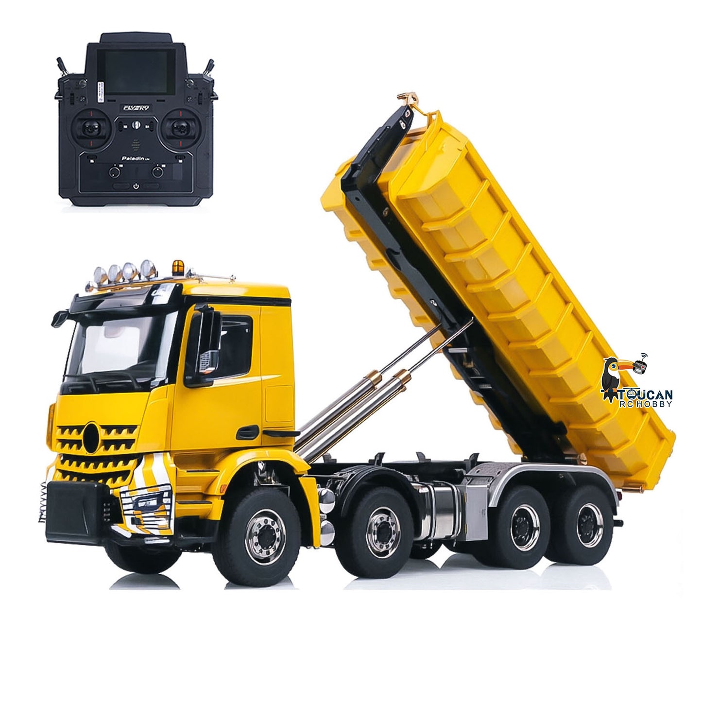 Toucanhobby 1/14 Remote Control Metal Hydraulic Roll On Off Dump Truck 8*8 5 Valves RC Full Tipper 3Speed Gearbox Hobbywing 1060 Brushed ESC Differential Locks