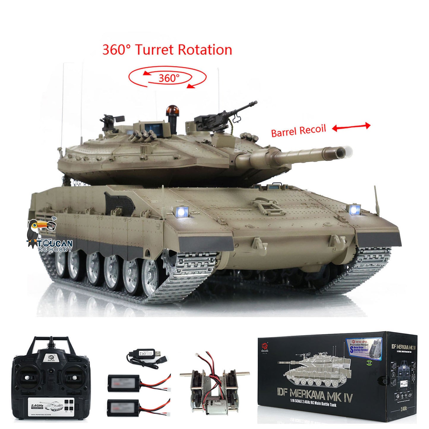 Henglong 1/16 RC Tank IDF Merkava MK IV 3958 Remote Control Battle Tank Metal Wheels Tracks Gearbox 360??Turret Smoke 2 Battery
