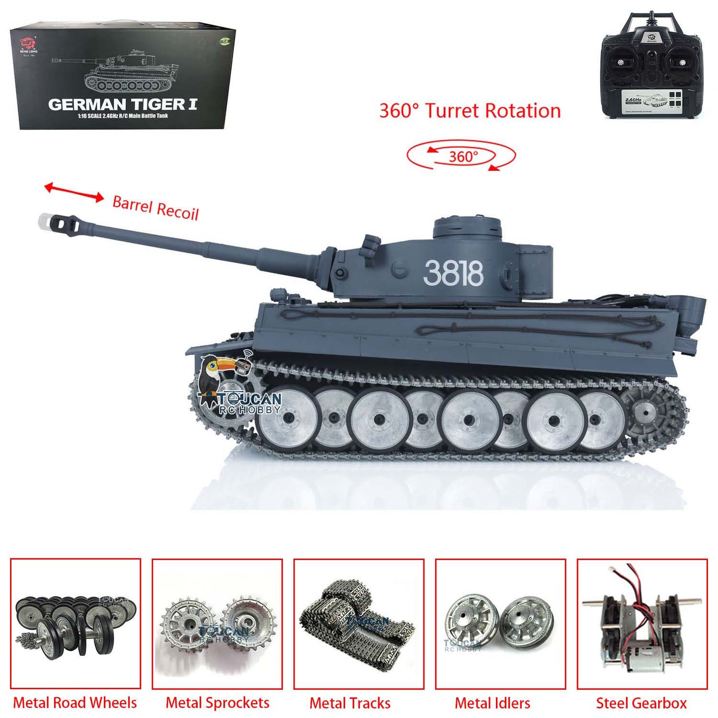 Henglong simulation tank RC Tiger I steel drive gearbox support IR BB shooting smoke effect movable barrel recoil 360 turret
