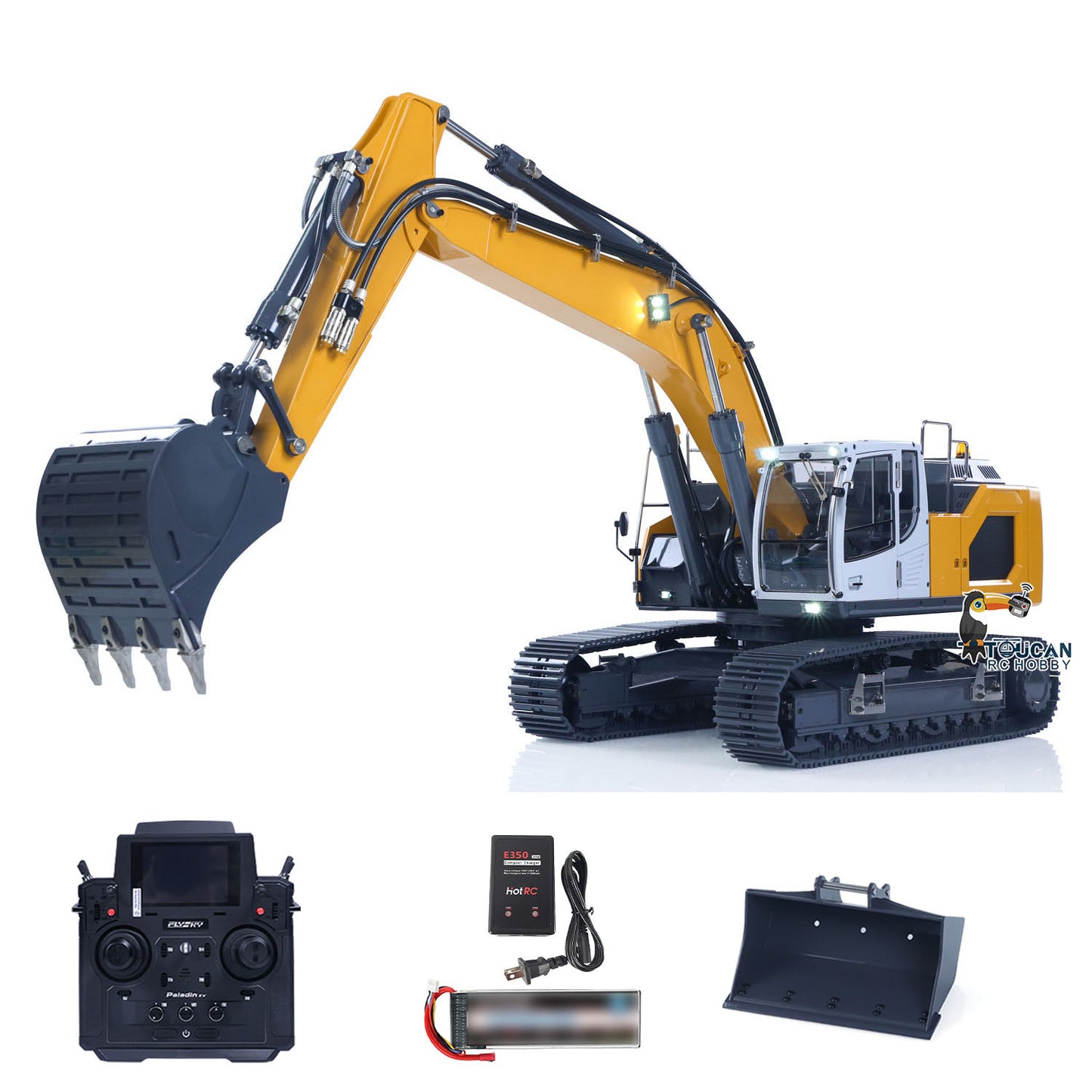 XDRC 1/14 Full Metal RC Excavator 945 Remote Control Tracked Hydraulic Construction Vehicles Trucks 5CH Reversing Valves PL18EV Radio Light Sound Quick Coupler Steel