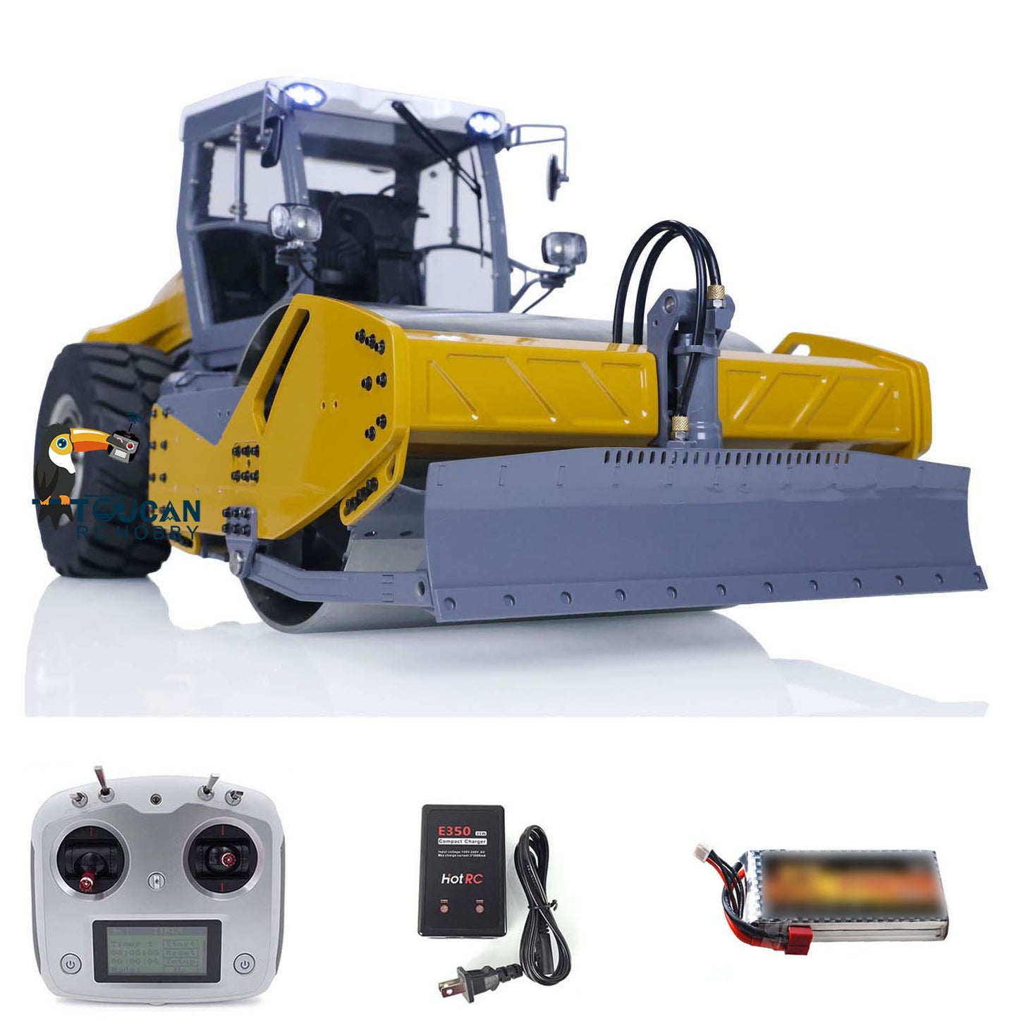 LESU AOUE H13i 1/14 Metal Hydraulic RC Road Roller FlySky I6S Remote Controller Front Shovel Sound Light System for Backyard Fun