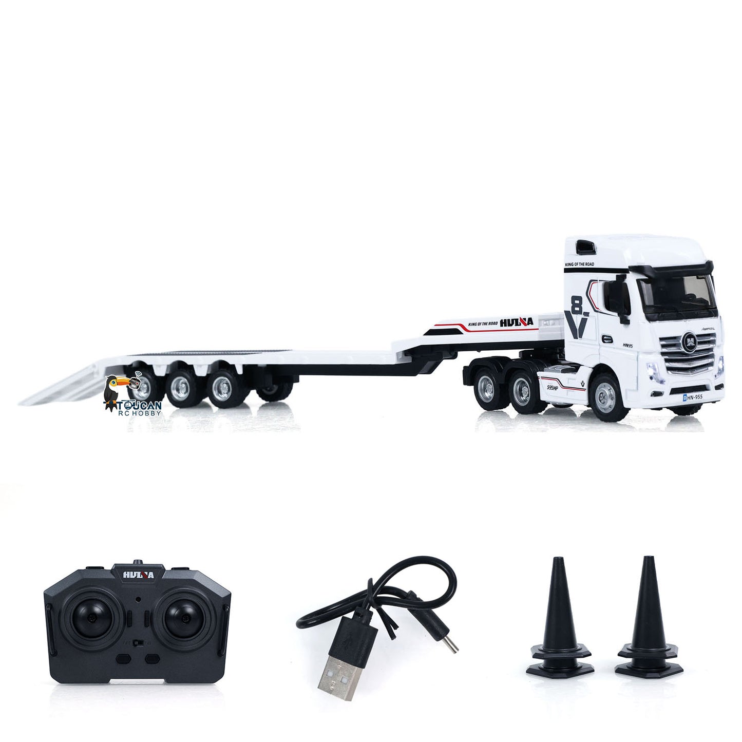 US Stock TOUCAN RC HOBBY RTR HUINA 9900 1/64 Remote Control Tractor Truck W/ 3Axle Plastic Semi Flatbed Trailer Lights Sound Effect Manual Support Legs