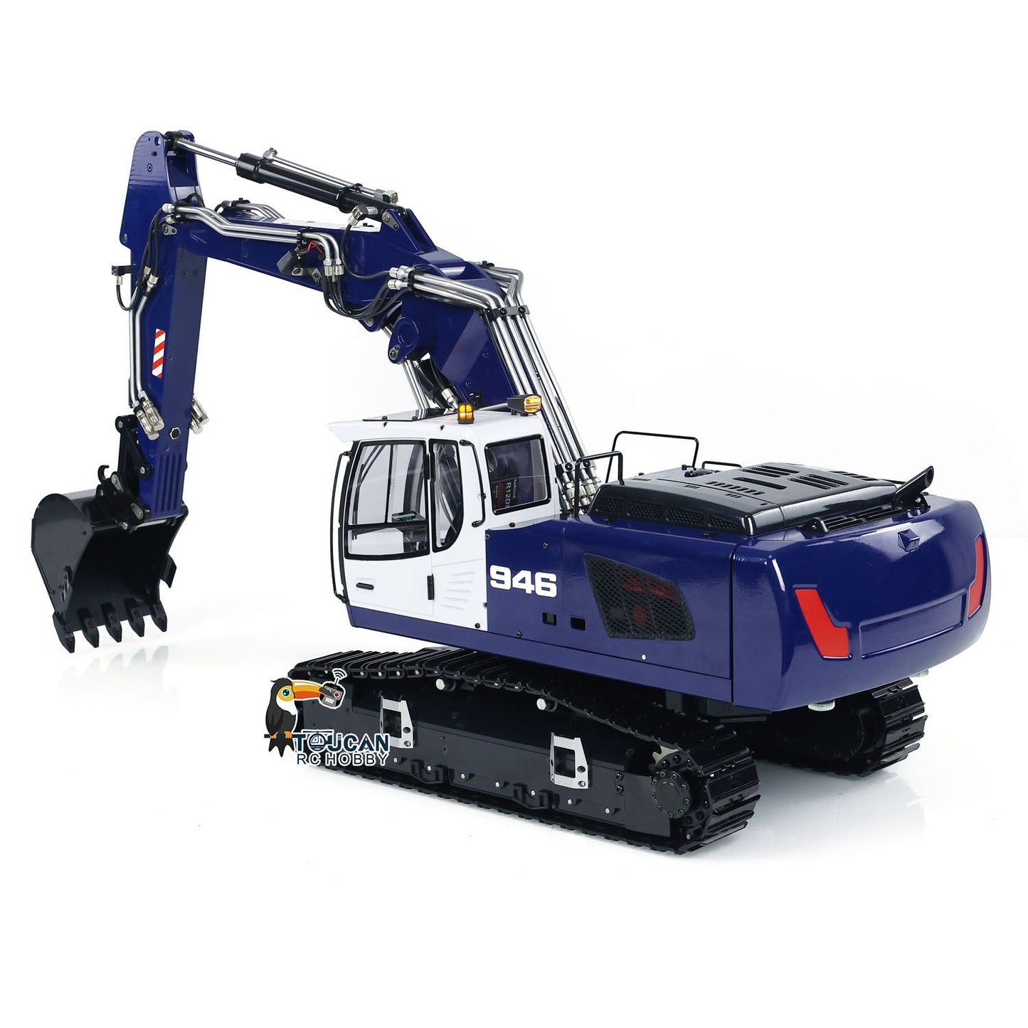 MTM 946-3 Metal 1/14 Excavator Full Hydraulic Construction Machine with 6CH Reversing Valve and Digital Pressure Gauge featuring Grab Bucket Ripper and Manual Quick Coupler Red White