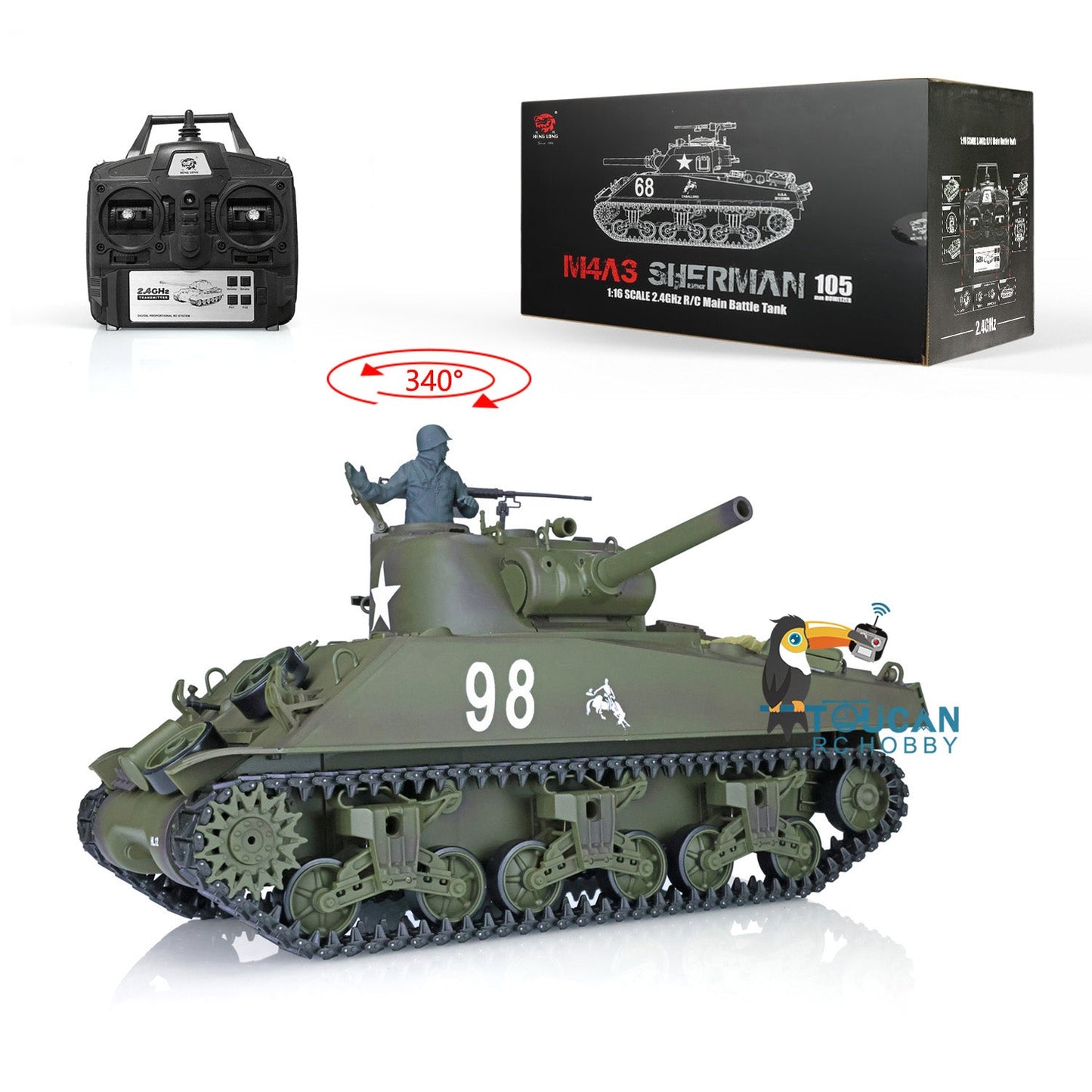 TOUCAN RC HOBBY Henglong 2.4G 1/16 TK7.0 Plastic USA M4A3 Sherman 3898 RTR RC Tank with Barrel Recoil BB Infrared Combat Smoke Light Sound Metal Barrel