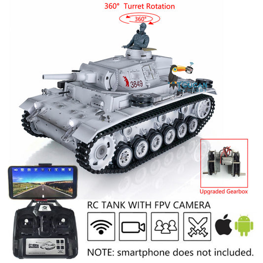 2.4G Henglong 1/16 7.0 Panzer III H RC FPV Tank 3849 360 Degrees Turret Steel Gearbox Radio Controller Idle Smoking Generator Infrared Combating Transmitter&Receiver