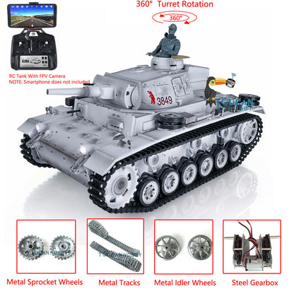 Henglong 1/16 FPV Snow 7.0 Upgraded Panzer III H RTR RC Tank 3849 360 Degrees Turret Radio Controller BB Pellets Metal Tracks Infrared Combat Transmitter&Receiver