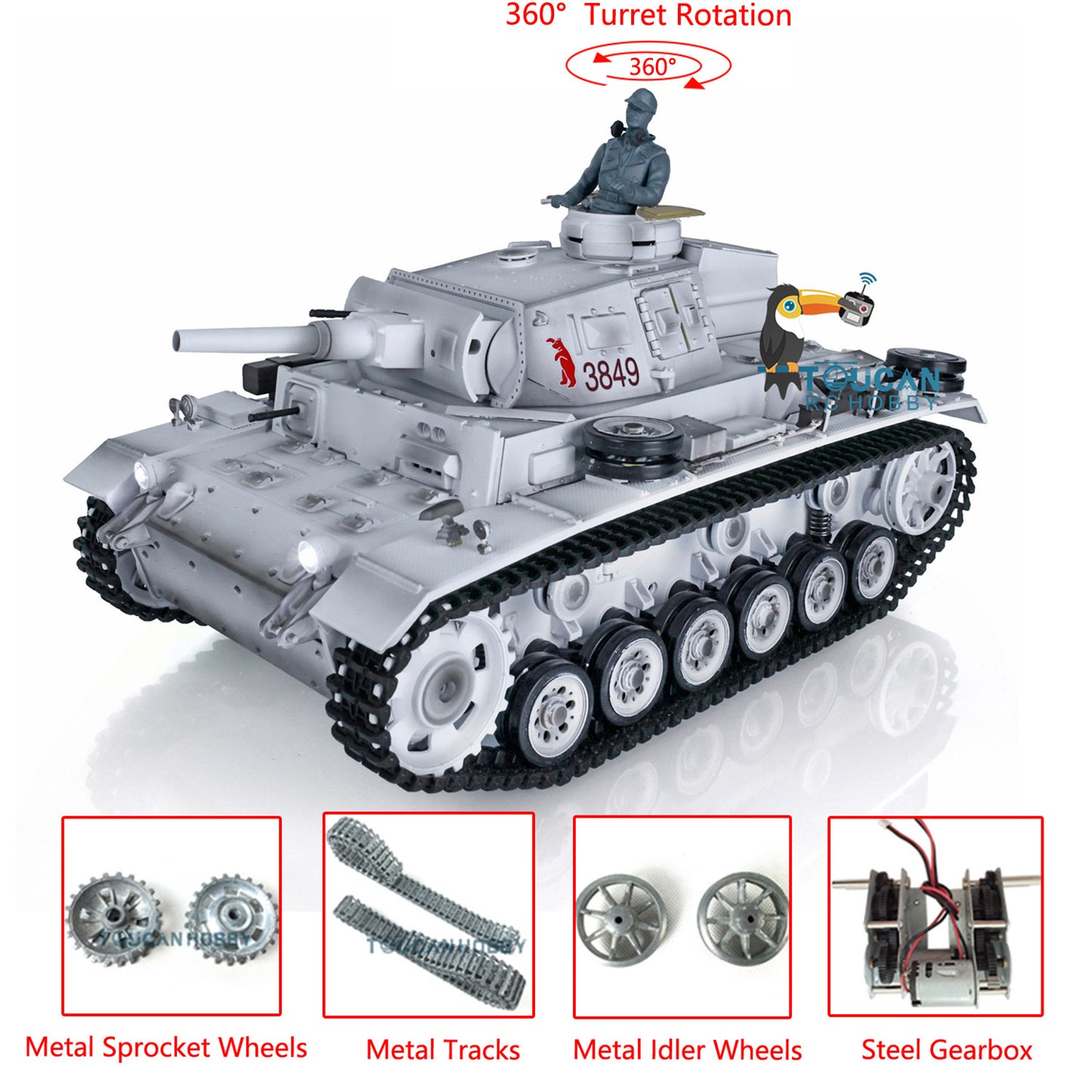 Henglong 1/16 Snow 7.0 Upgraded Panzer III H RTR RC Tank 3849 W/ 360 Degrees Turret Metal Tracks BB pellets Radio Controller Infrared Combat Transmitter