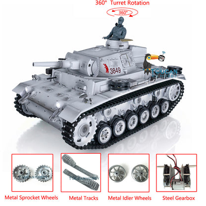 Henglong 1/16 Snow 7.0 Upgraded Panzer III H RTR RC Tank 3849 W/ 360 Degrees Turret Metal Tracks BB pellets Radio Controller Infrared Combat Transmitter