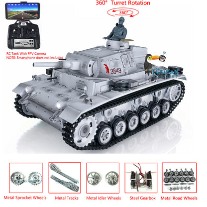 Henglong 1/16 Snow FPV 7.0 Customized Panzer III H RTR RC Tank 3849 Metal Wheels Infrared Combating Transmitter&Receiver Radio Controller Battery