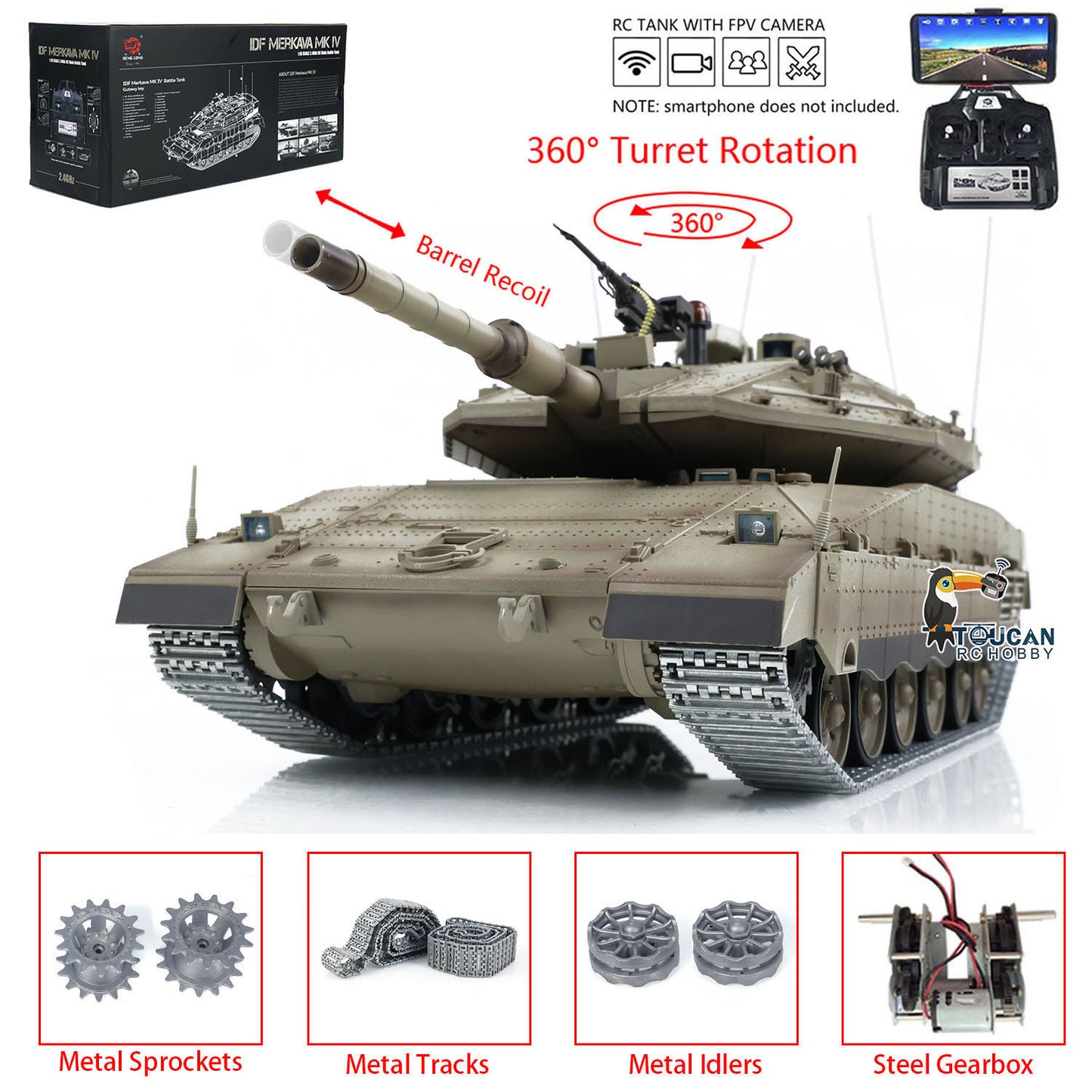 1:16 Heng Long 3958 RC Main Battle Tank IDF Merkava MK IV FPV Upgrade Edition W/ Metal Tracks 360 Rotating Barrel Recoil