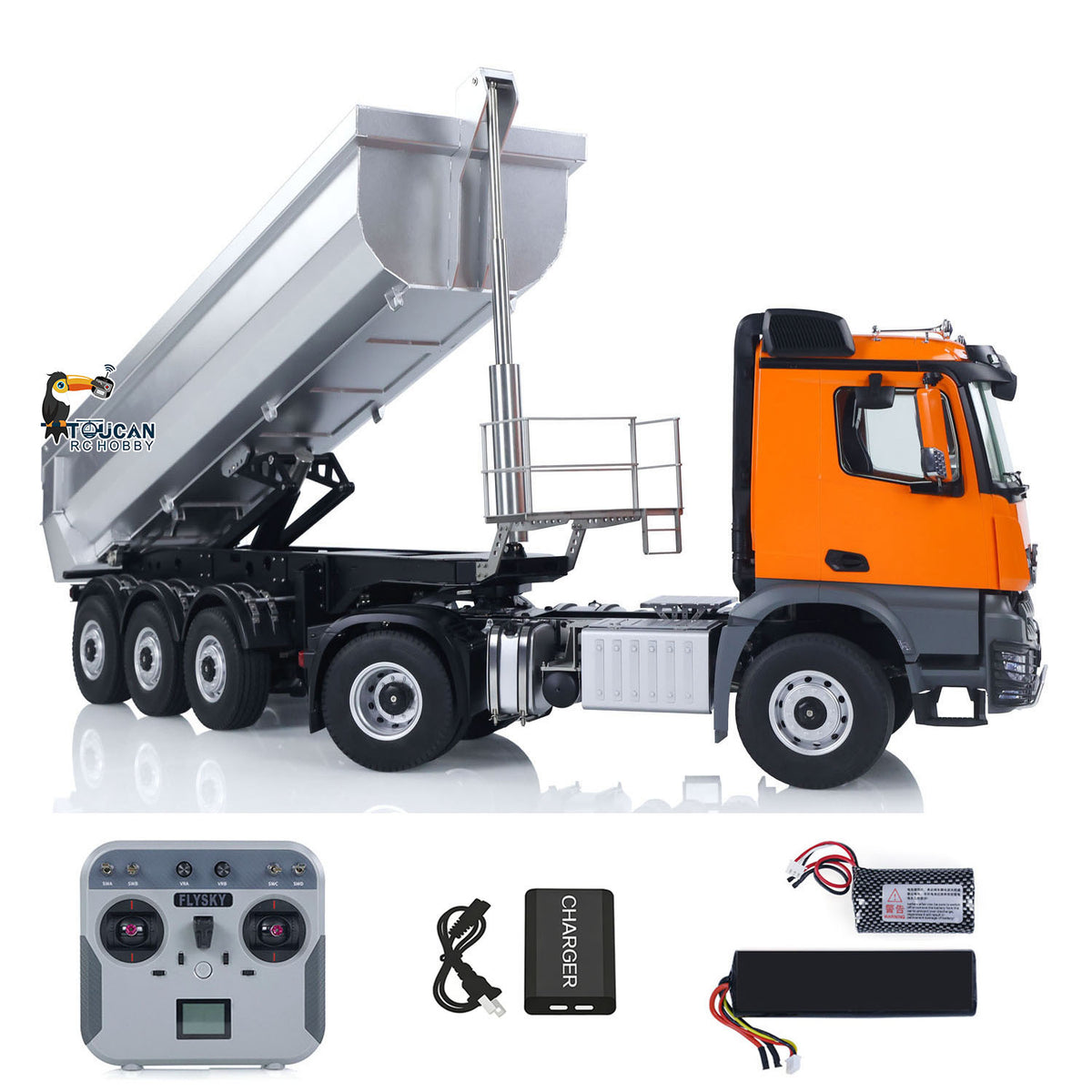 TOUCAN RC HOBBY Kabolite Metal 1/14 4X4 RC Tractor Truck 3Axles Electric Lifting Dump Trailer 5801 RTR Remote Control Emulated Car Hobby Model 2-speed Transmission Battery Light Sound