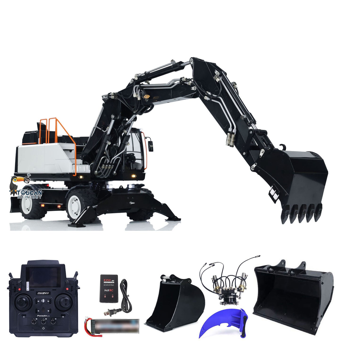 TOUCAN RC HOBBY MTModel EC380 Metal 1/14 3 Arms RC Hydraulic Excavator Tiltable Bucket 8-way Reversing Valve FlySky PL18EV Radio Controller Sound System for Adult