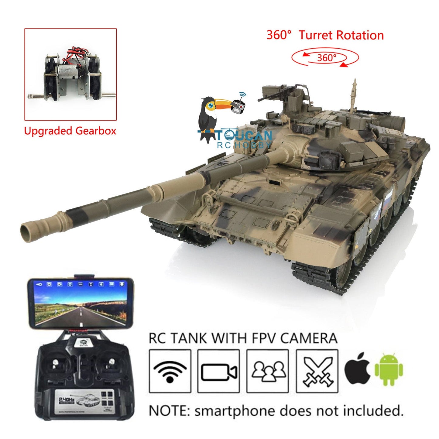 TOUCAN RC HOBBY Henglong TK7.0 1/16 Plastic Russion T90 RTR RC Tank 3938 FPV 360 Degrees Turret BB IR Smoke Sounds Lights Metal Steel Driving Gearbox