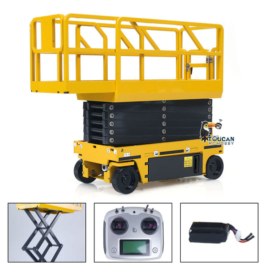 In Stock 1/14 CUT Metal RC Hydraulic Scissor Lift Platform Self-propelled Warning Light Remote Control Industrial Model Flysky I6S Radio