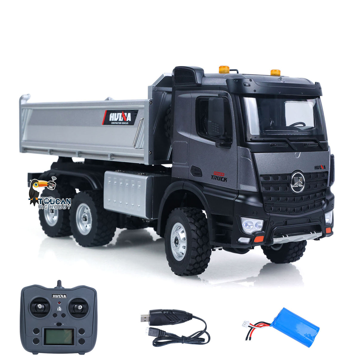 TOUCAN RC HOBBY HUINA 1598PRO 1/14 Metal Remote Control Dump Truck 6X6 Engineering Vehicle Electric RC Tipper Model Light Sound System Battery