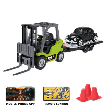 1/64 2.4GHz Remote Control Forklift Half Alloy RC Vehicle Light Sound Effect W/ Mini Trailer Car Tabletop Model Collection