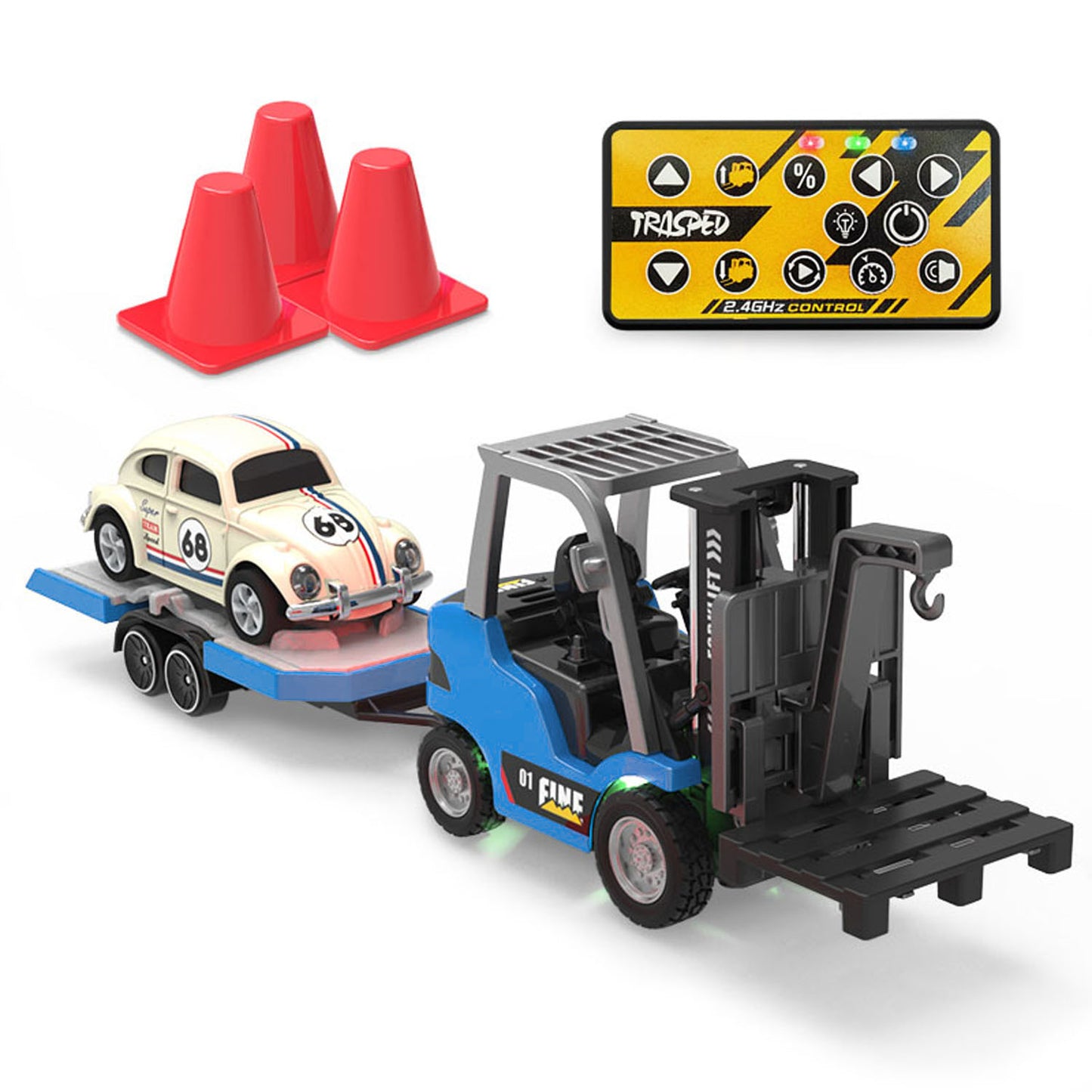 1/64 2.4GHz Remote Control Forklift Half Alloy RC Vehicle Light Sound Effect W/ Mini Trailer Car Tabletop Model Collection Gift