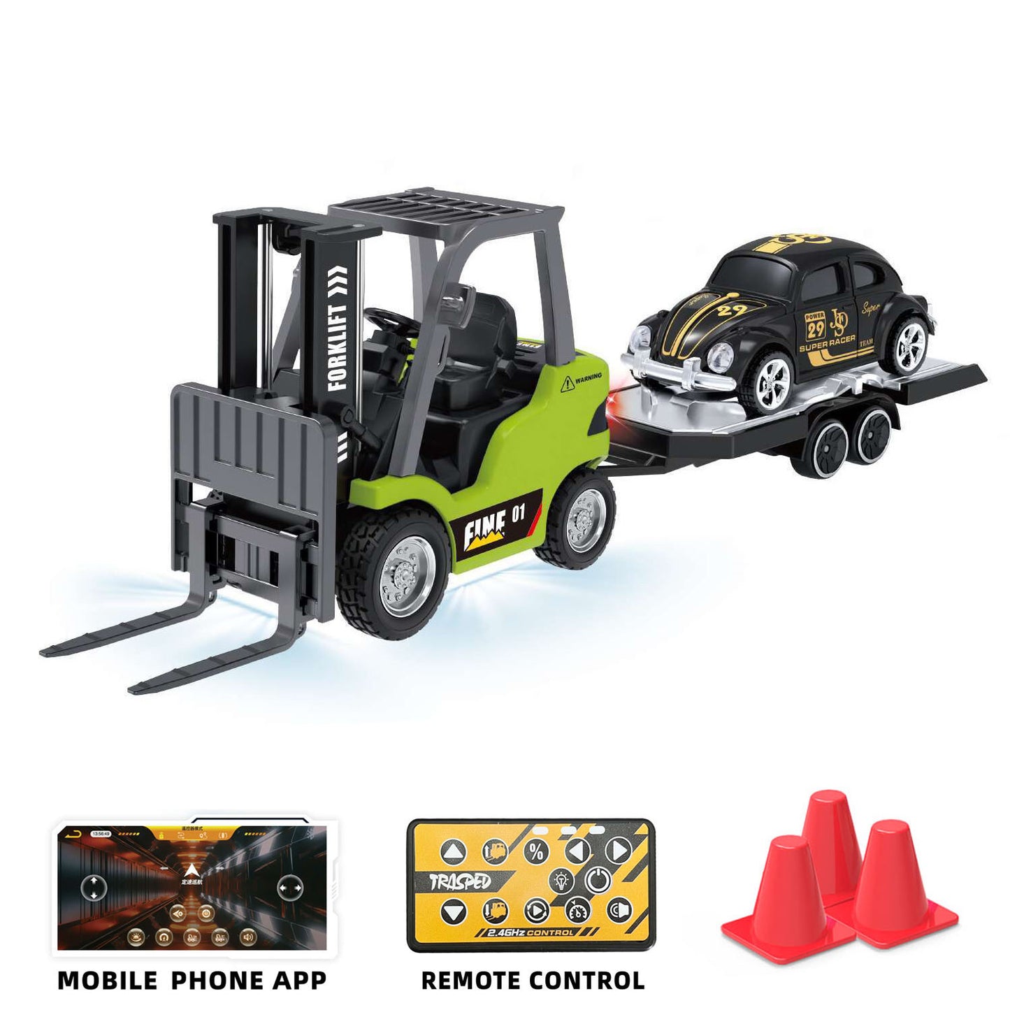 1/64 2.4GHz Remote Control Forklift Half Alloy RC Vehicle Light Sound Effect W/ Mini Trailer Car Tabletop Model Collection Gift