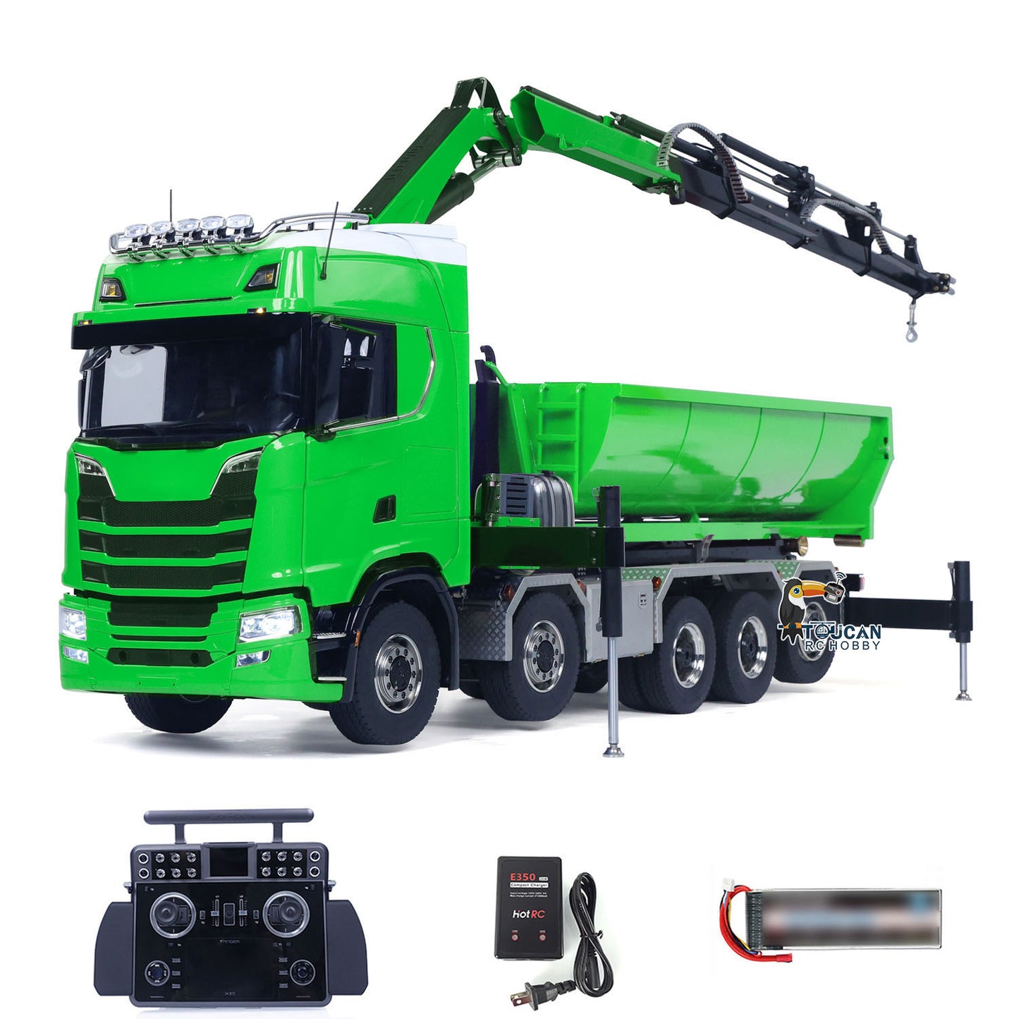 1/14 10x10 Remote Control Hydraulic Crane Dump Truck Metal Chassis Rail RC Full Tipper 770S Differential Lock Rear Steering Axle